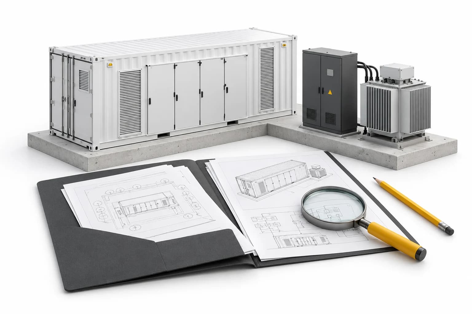 Концептуальна ілюстрація перевірки проєкту УЗЕ: модель установки, папка з кресленнями та лупа з жовтою ручкою.
